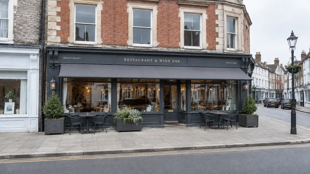 After: the same independent restaurant frontage with clean paving, stonework and tidy planters